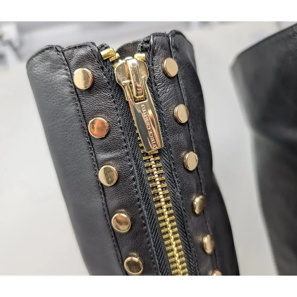 Vince Camuto Riding Boots Black Leather Gold Studded Parshell Women's Size 7.5 - Picture 6 of 9